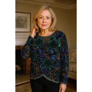 Vtg Scala Shirt Womens Medium Black‎ Silk Floral Beaded Elegant Evening Party